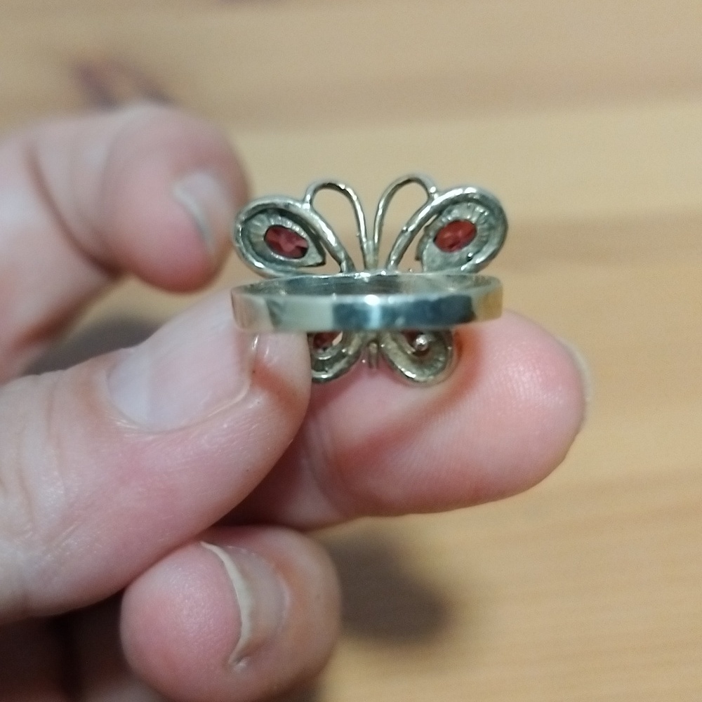 Vintage Butterfly With Garnets In Wings Handcrafted Sterling Silver Ring Signed - Picture 4 of 10